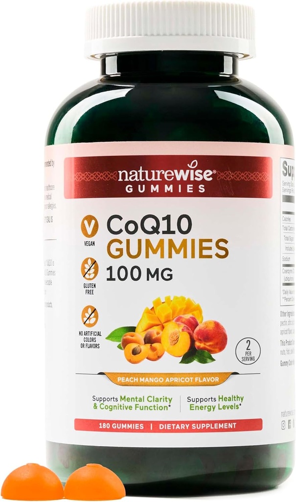 NatureWise CoQ10 Gummies 100mg - Farine de mangue de pêche - Supplément pour la santé cardiaque et l'activité antioxydante - Pectine-basée, végétalienne, soja et sans gluten, non-OGM - 180 Compte[3-Mois]