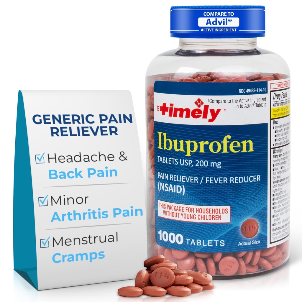 TIME-CAP LABS, INC. Tijdig Ibuprofen 200 mg 1000 tabletten - pijnstillende tabletten en koortsreducer - voor hoofdpijn, menstruele pijn, tandpijn, spierpijn, gewrichtspijn en pijn in het lichaam