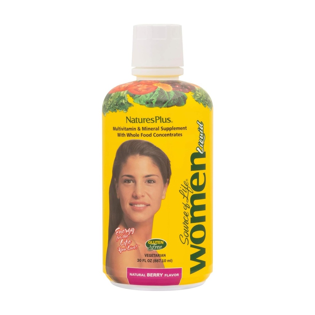 Natures Plus Source de vie Femmes Multivitamine liquide - 30 fl oz - Fleur de baie naturelle - Aliments et minéraux entiers - Énergie, santé et défense contre le stress - Végétarien, sans gluten - 30 portions
