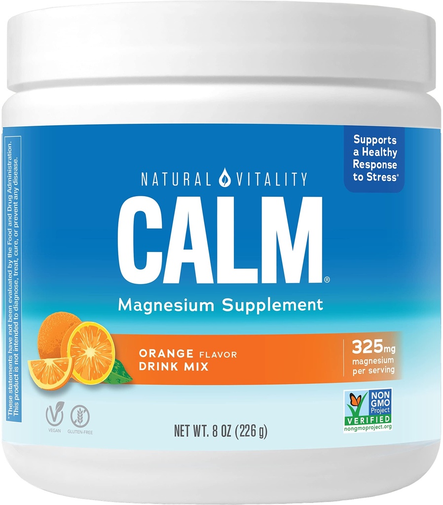 Natuurlijke vitaliteit Kalm Magnesium Supplement, Anti-stress Drink Mix Poeder, Glutenvrij, Veganistisch, & Non-GMO, Oranje, 8 oz