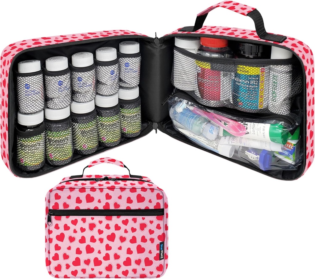 Grand organisateur de bouteilles de pilules rembourrées, sac de médecine, étui, transporteur pour les médicaments, les vitamines et les fournitures médicales - organisateur de médicaments de voyage et entreposage à domicile sac de médecine - coeurs (sans serrure)