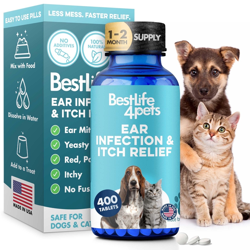 Itch Relief and Ear Infection Treatment for Dogs & Cats, Natural Ear Mites Treatment for Cats and Dogs Soothes Itchy Ears, Reduces Swelling, Otitis, Pain & Ontsteking, 400 Easy to Give Tiny Pils