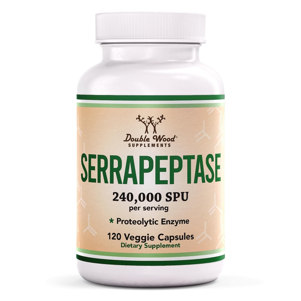 Serrapeptase 240.000 SPU Max Potency (120 Veggie Capsules) Proteolytische Enzyme voor Sinus, Respiratoire en Gezamenlijke Gezondheid (Non-GMO, Glutenvrij, Vegetarisch Veilig) door Dubbel Hout