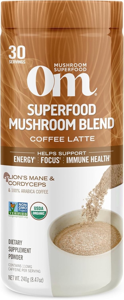 OM MUSHROOM SUPERFOOD Coffee Latte Blend Mushroom Powder, 8,47 Ounce Canister, 30 Servings, Lion's Mane, Cordyceps, Reishi, Chaga, Energie & Mental Clarity Ondersteuning Supplement