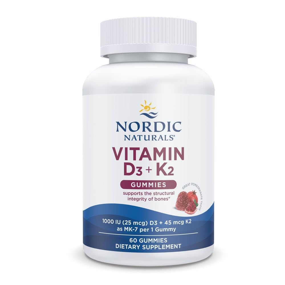 Nordic Naturals Vitamine D3 + K2 Gummies, Granaatappel - 60 Gummies - 1000 IE Vitamine D3 + 45 mcg K2 - Great Taste - Bone Health, bevordert gezonde spierfunctie - Non-GMO - 60 Servers