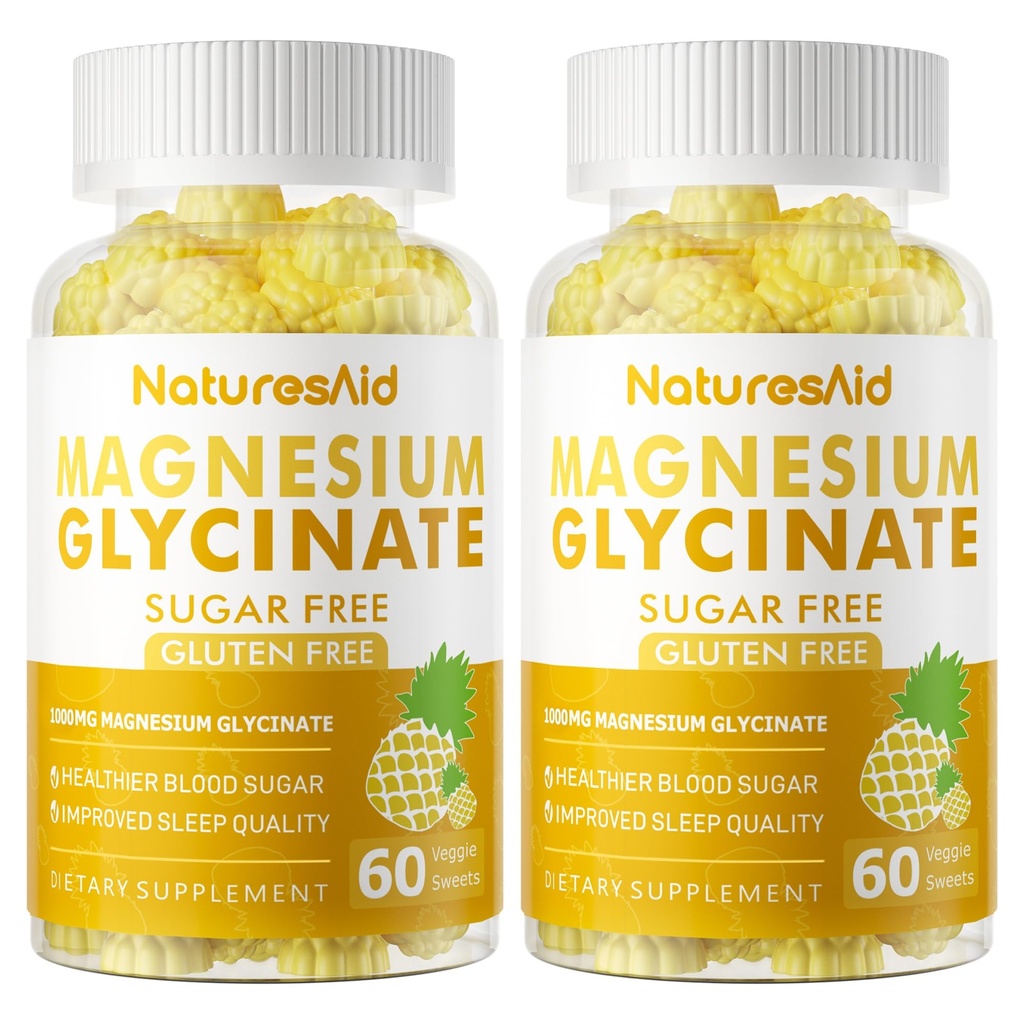 Glycinat de magnésium Gommies 1000mg - Supplément de potassium de magnésium sans sucre avec vitamine D, B6, CoQ10 pour l'humeur calme et le soutien du sommeil - 120 Gommies d'ananas -2 Pack