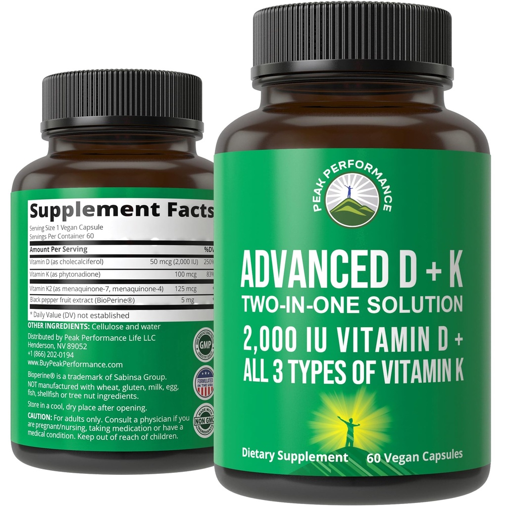 Performance de pointe Vitamine D 2000 UI avec tous les 3 types de vitamine K Vitamine D3 et vitamine K2, K1, MK-7 (MK7), MK4 Suppléments. 60 petites pilules végétales faciles à avaler (2000 UI)
