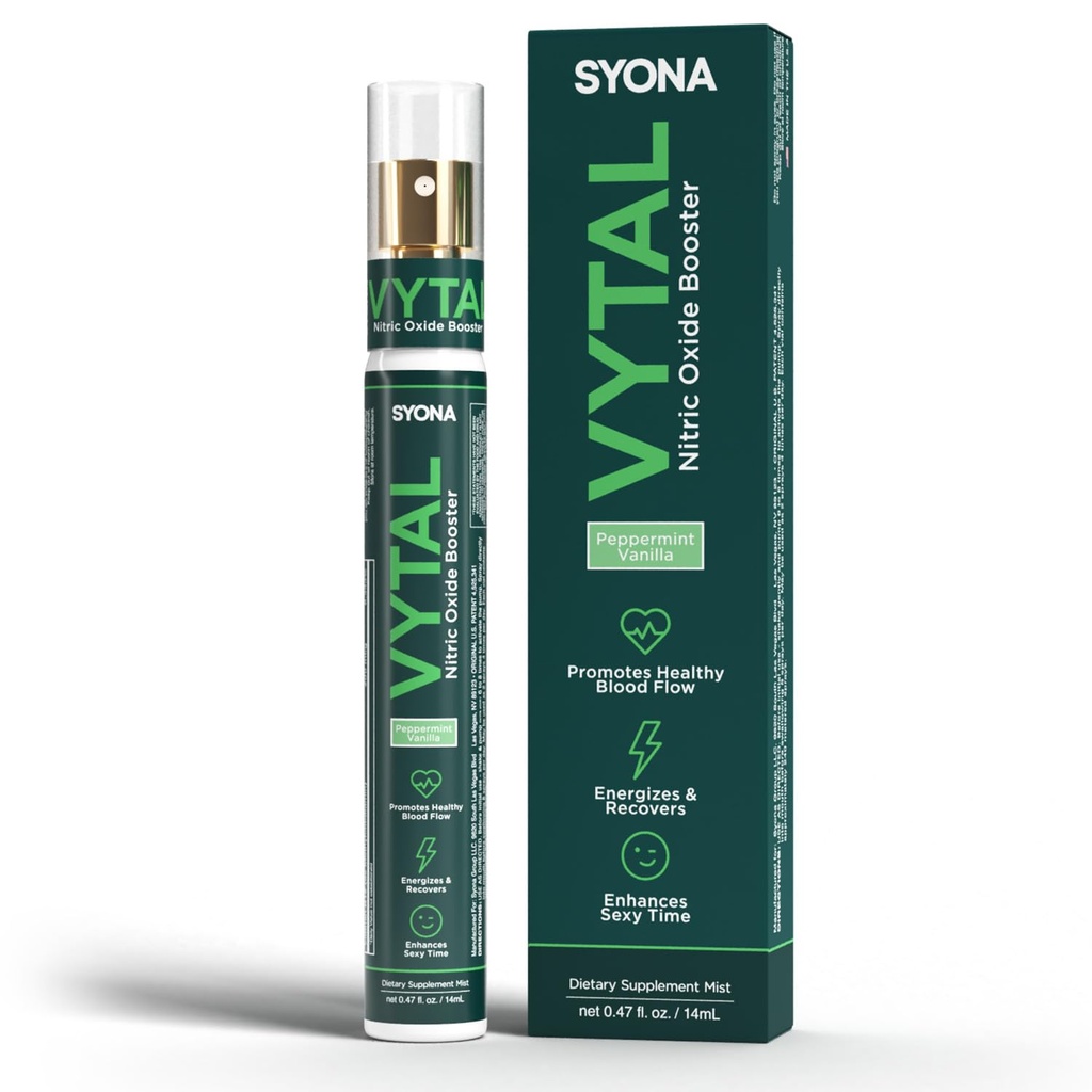 SYONA - VYTAL - Spray de stimulation - Cardiovasculaires et cognitifs - Menthe poivrée et vanille - B12, B3, L-Arginine - Bouteille de pompe de 14ml