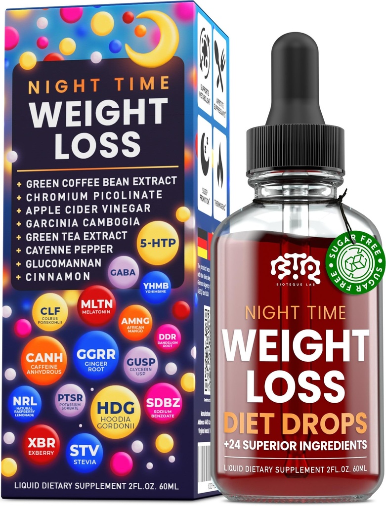 Nachttijd gewichtsverlies Dieetdruppels - Aperitief controle, Fat Burner, Metabolisme Booster - Apple Cider Vinegar - Kaneel - Cayenne Pepper