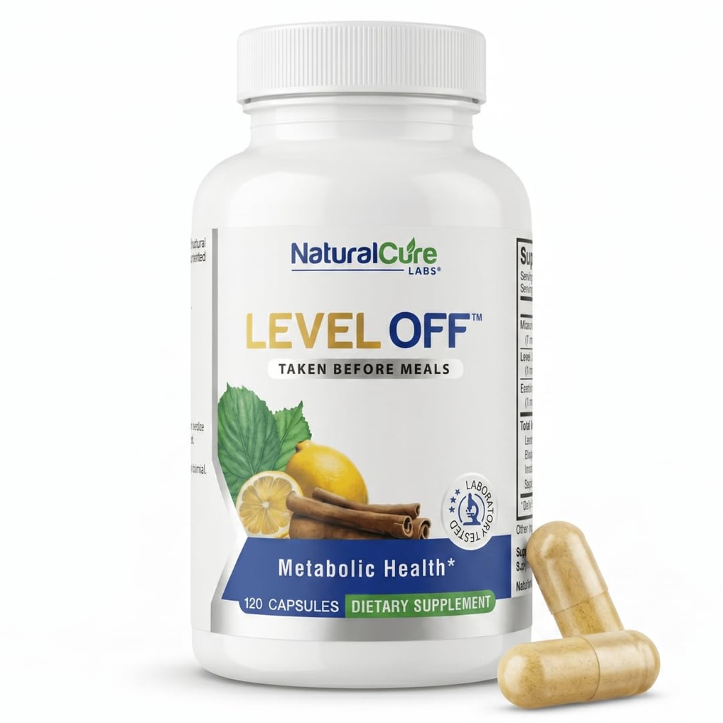 Natural Cure Labs Level Off Anti Spike Formula Glucose Supplément – Capsules pour la santé métabolique, aide les Spikes de glucose modéré, végétalien, non-OGM, sans gluten (120 Nombre (paquet de 1))