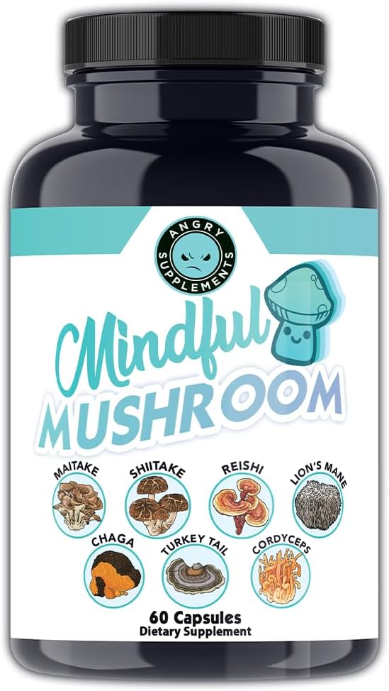Angry Supplementen Mindful Paddestoelen Capsules - 7in1 Premium Health Shroom Blend van Maitake, Shiitake, Reishi, Turkije Tail, Cordyceps, Lions Mane en Chaga Paddenstoelen (60ct)