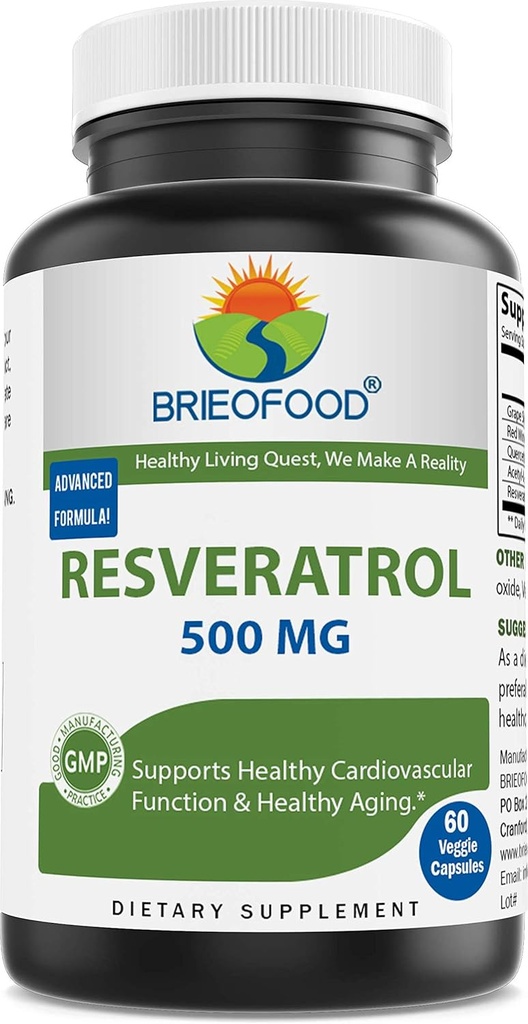 Brieofood Resveratrol 500mg - Natural Antioxidant Supplement for Cardiovasculair & Immuun System Health - 60 Veggie Capsules