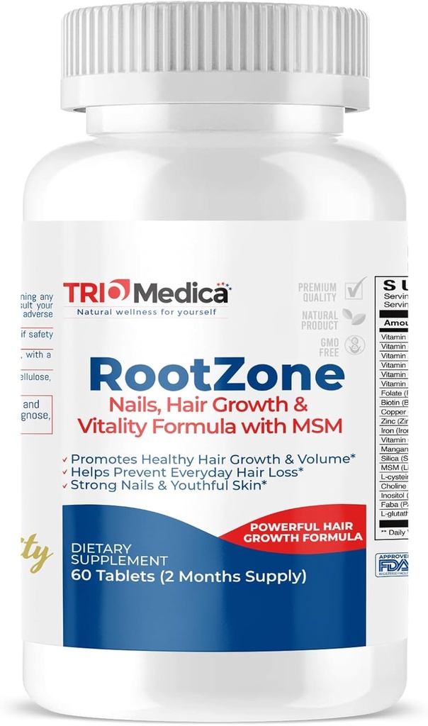 RootZone met MSM-haar, huid en nagels, meer dan 20 ingrediënten inclusief Biotine en MSM, 60 tabletten