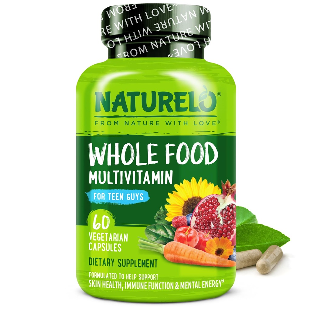NATURELO Teen Multivitamin - Whole Food Multivitamin for Teenage Boys - Minerals Supplement for Active Kids - with Plant Extracts - Non-GMO - Vegan & Vegetarian - 60 Capsules