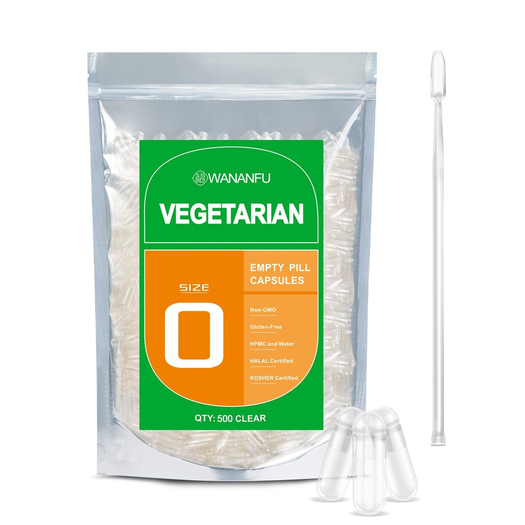 wananfu Maat 0 Lege capsules Vegetarisch (500 telling) Bundel met Micro Lab Lepel, Wis Vulbare Veggie Pill Capsules Maat 0 voor het maken van uw eigen supplementen