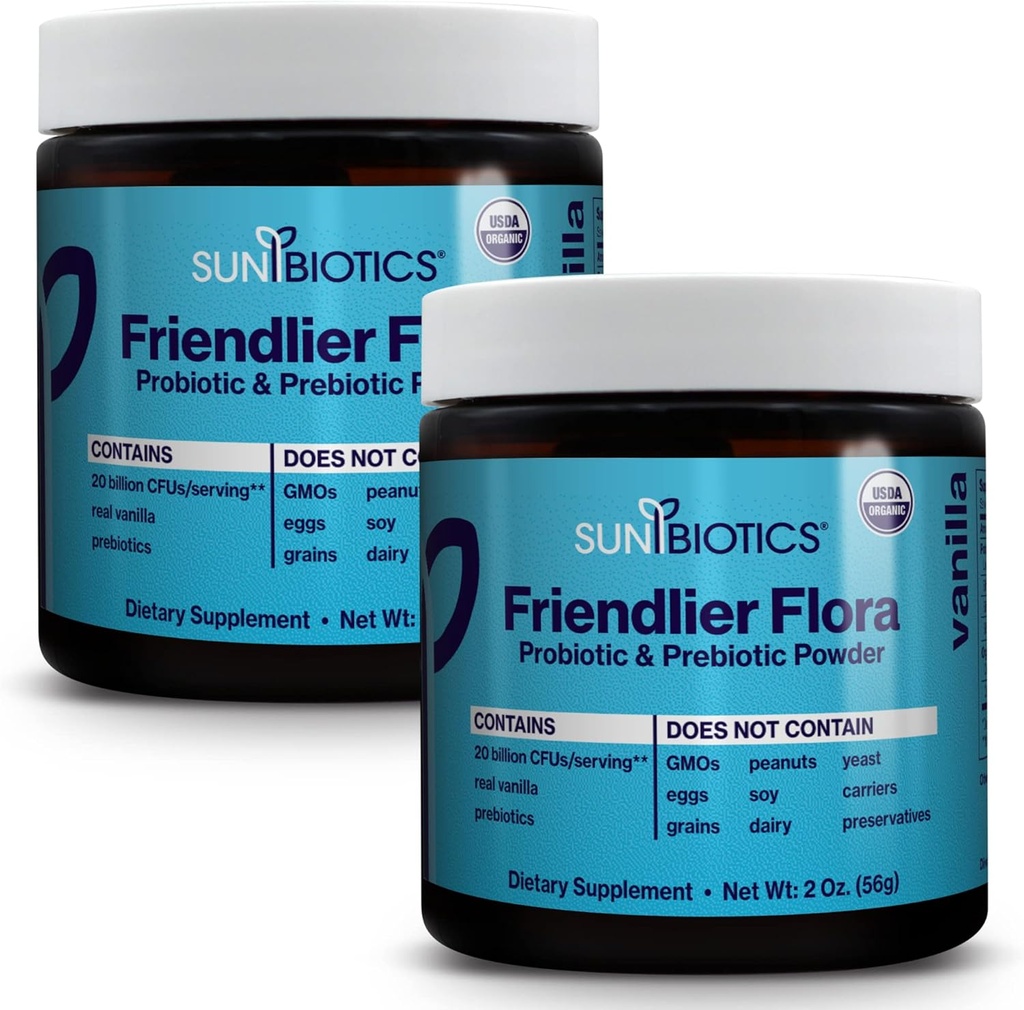 SUNBIOTICS Friendlier Flora - Prebiotic & Probiotic Powder for Women & Men with 20 Miljard CFUs of 4 Probiotic Strains for Good Gut Flora, Immune System & Balanced Microbiome - Vanilla, (pack of 2)