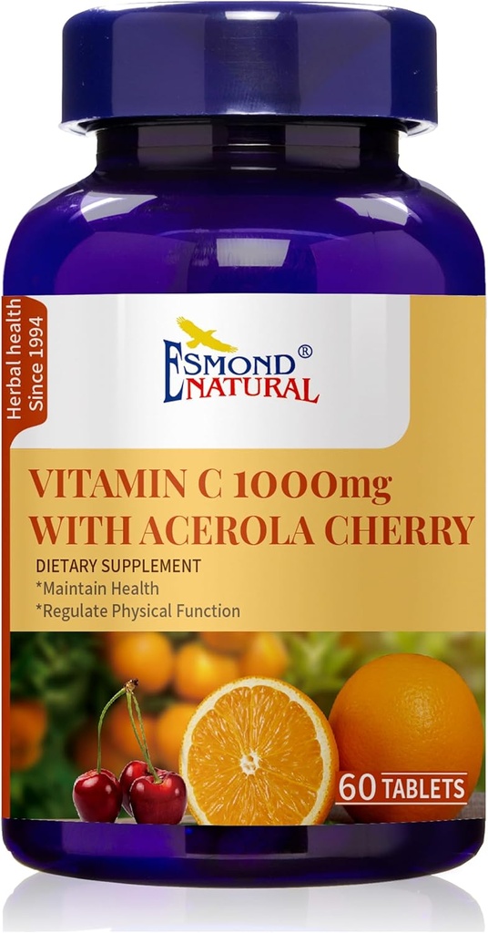 Vitamine C 1000 mg met Acerola Cherry (Supports Immune System, Energy Levels, Skin Vitality), GMP, natuurlijk product Assn gecertificeerd, Made in USA - 1000mg, 60 tabletten