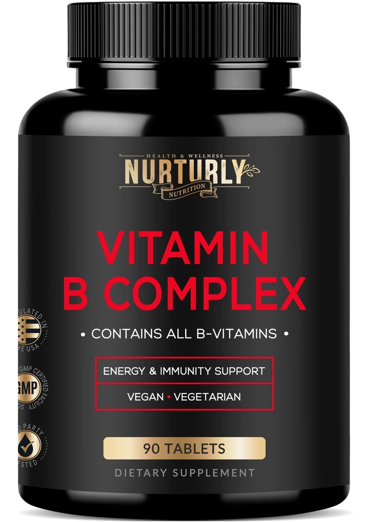 Vitamine B Complex - Bevat alle essentiële B vitamines - B1, B2, B3, B5, B6, B7, B9, B12 en Biotine - Super B Complex Vitaminen voor energie, Immuniteit en Mood Ondersteuning - 90 tabletten