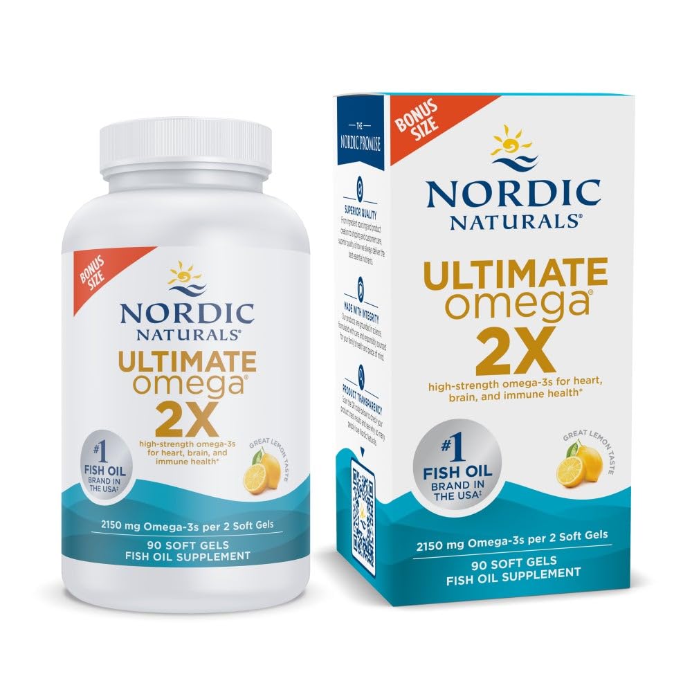 Nordic Naturals Ultimate Omega 2X, Lemon Flavor - 90 Zachte Gels - 2150 mg Omega- High-Potency Omega-3 Visolie met EPA & DHA - Promoot Brain & Heart Health - Non-GMO - 45 porties