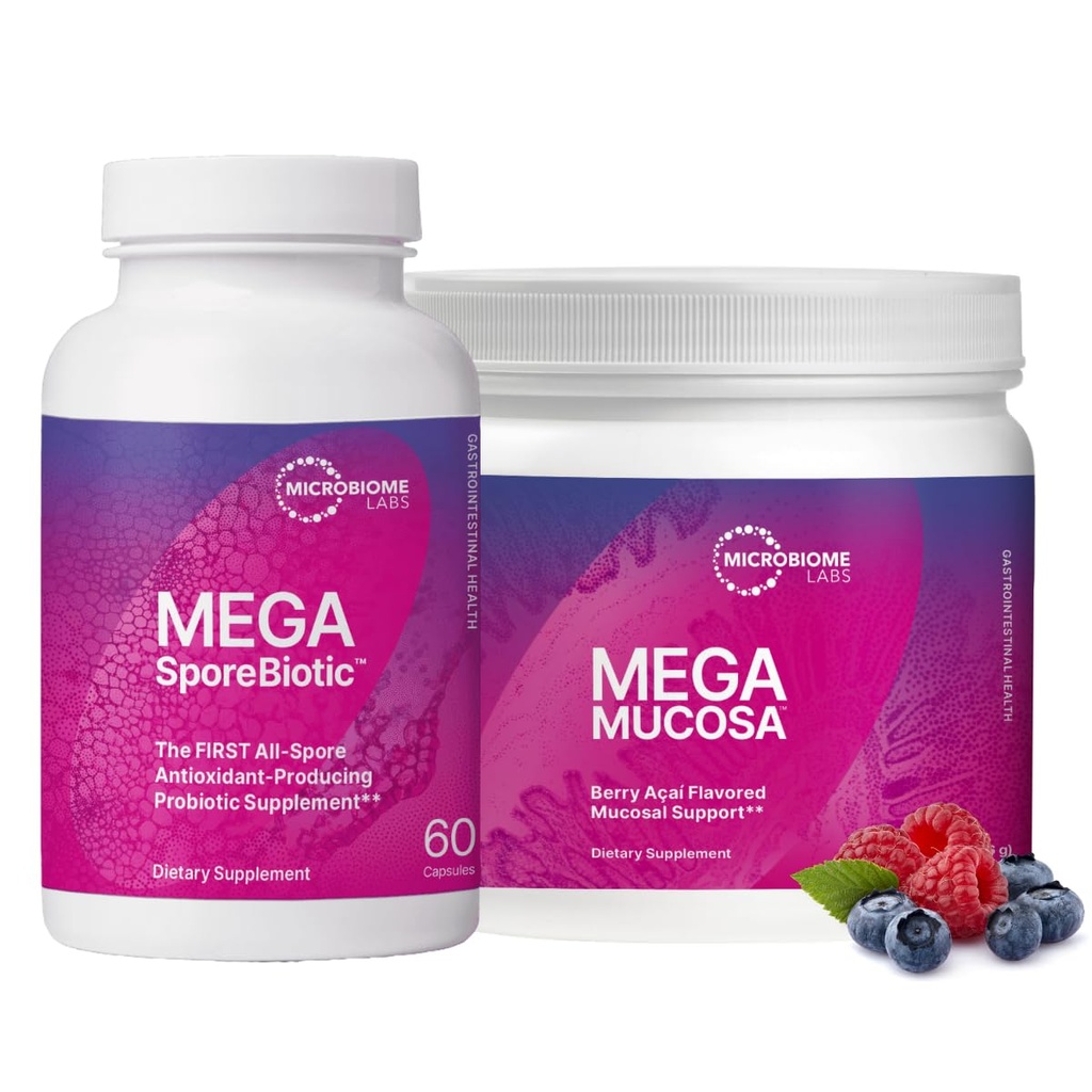 Microbiome Labs MegaSporeBiotic (60 Capsules) + MegaMucosa (5.5oz Poeder) Probiotische en Gut Mucosal Ondersteuningsbundel - Spore-Based Probiotic met Immunoglobulinen, Aminozuren Poeder Supplement