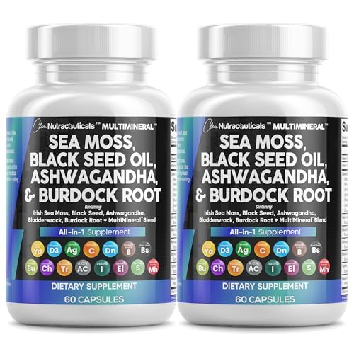 Schone Nutraceuticals Zee Mos Zwarte Zaadolie Ashwagandha Kurkuma Blaaswortel Burdock & Vitamin C Vitamine D3 met Vlierbessen Manuka Dandelion Gele Dock Jodium Chlorofyl ACV - 2Pack
