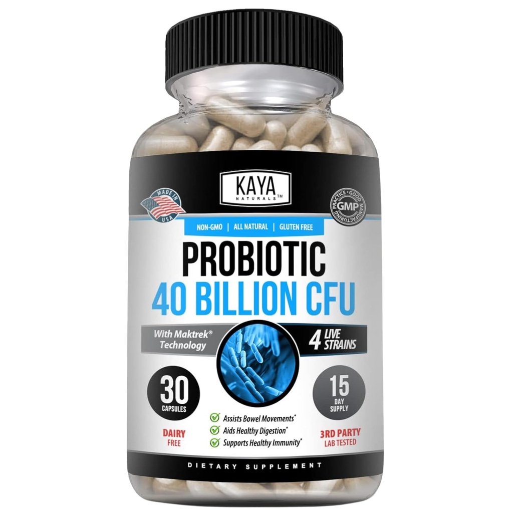 Kaya Naturals Probiotic 40 milliards CFU - Probiotiques pour les femmes, probiotiques pour les hommes et les adultes, naturel - Supplément de soutien à la santé et aux maladies immunitaires - favorise la santé digestive - 30 comtes