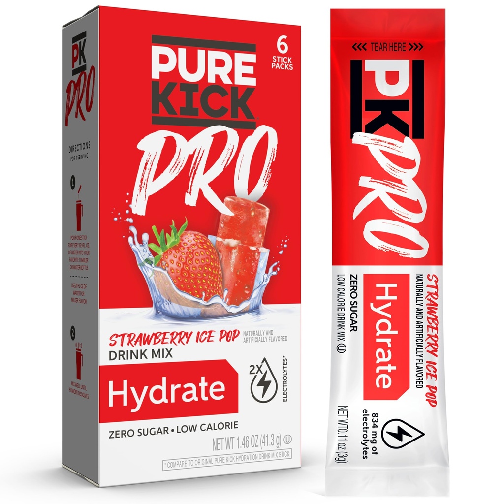 PURE KICK PRO Hydration Electrolyte Drink Mix, Aardbei Ice Pop, Inclusief 1 doos met 6 verpakkingen in elke doos