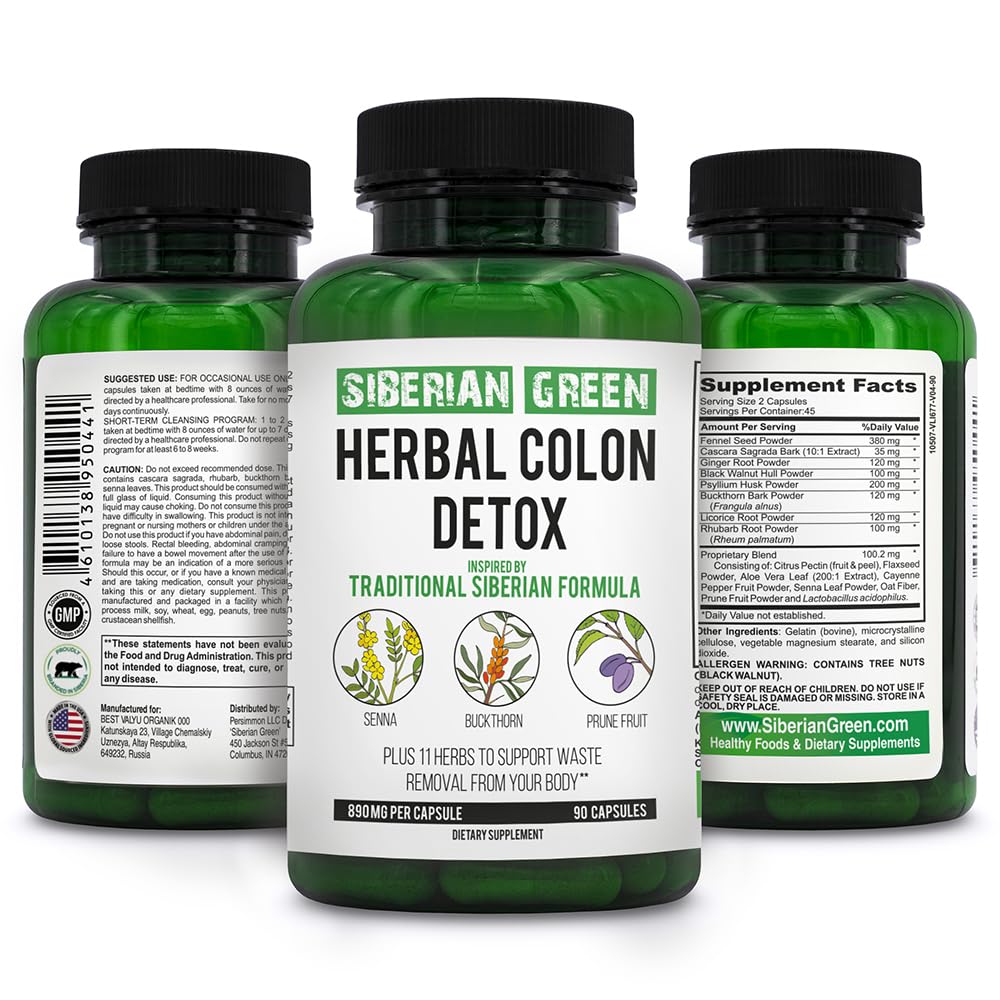 Détox du colon à base de plantes vertes de Sibérie avec Prune de Senna 90 Capsules – Formule traditionnelle sibérienne 14 Herbes et probiotiques pour nettoyer le colon et le corps de Detox