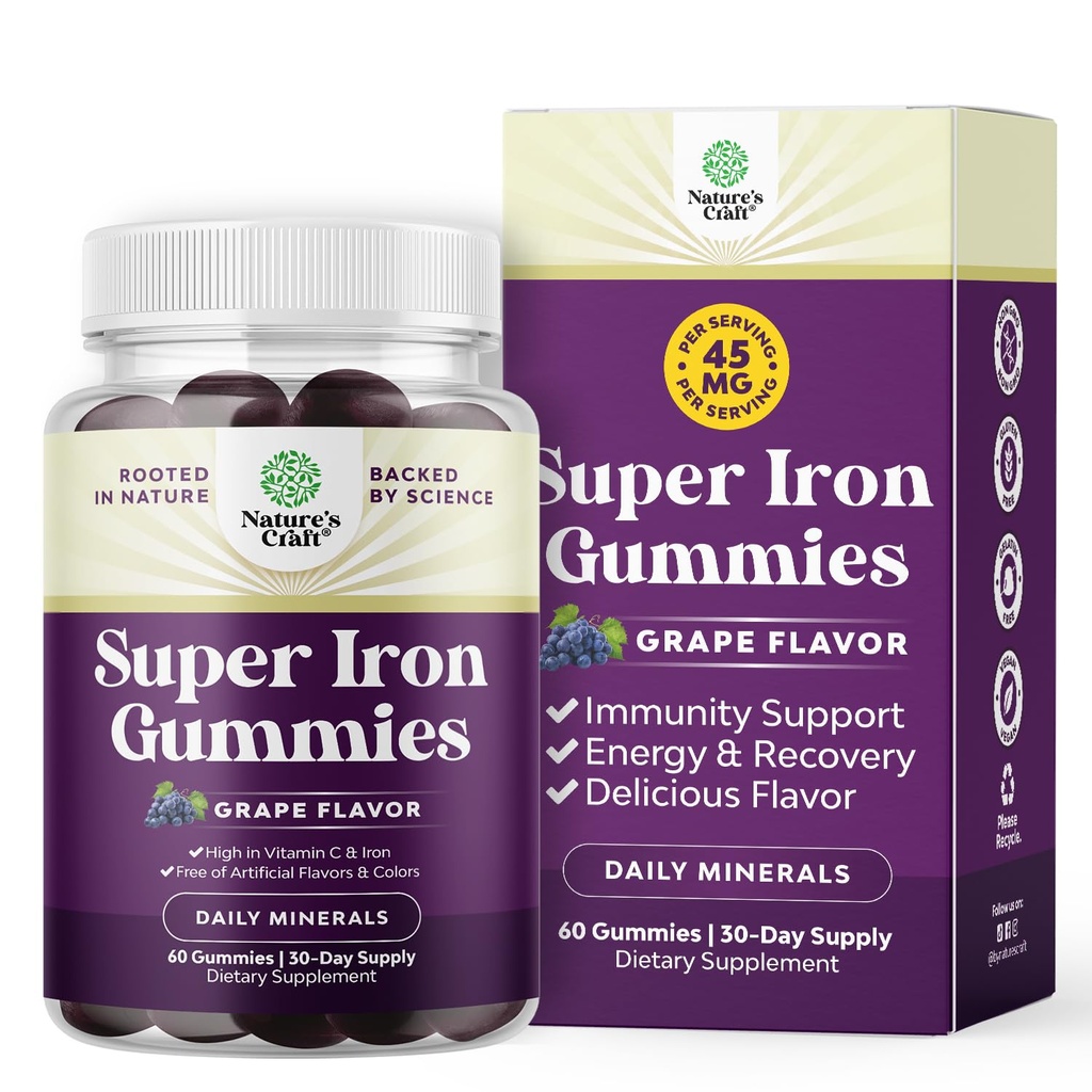 Gommies de fer extra-forte pour les femmes et les hommes - Potent 45mg par portion Supplément à croquer pour les femmes et les hommes avec de la vitamine C pour une absorption plus élevée - Gommy de fer quotidien végétalien Pas d'arôme artificiel