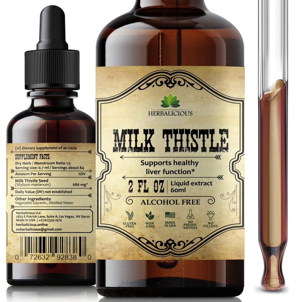 HERBALICOUS Melkdistel Extract - all-natuurlijke reiniging en detox supplement voor leverondersteuning, immuunsysteem Boost en huidgezondheid - Silymarin Voedingssupplement - 2 fl Oz
