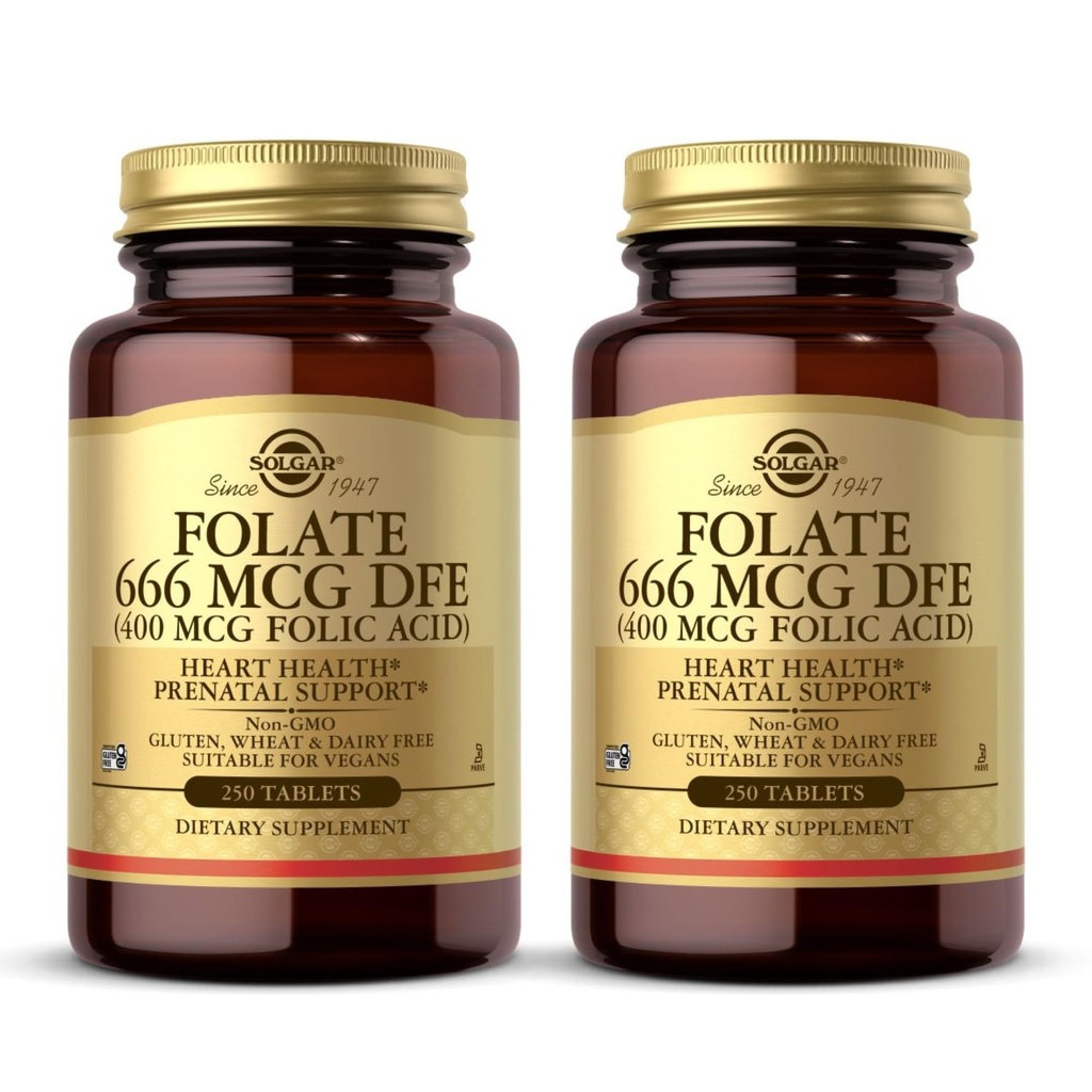 Solgar Folate 666 mcg DFE (Folic Acid 400 mcg) - 250 tabletten, Verpakking van 2 - Prenatale ondersteuning - Non-GMO, Veganistisch, Glutenvrij, Dairy Free, Kosher - 500 totale porties