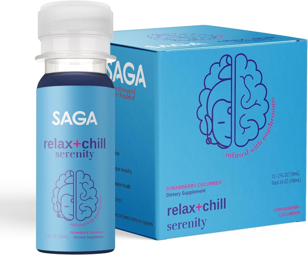 SAGA Organic Relaxation Shots bevat adaptogenen en onkruidbestrijdingsmiddelen - Lion's Mane & Kava 