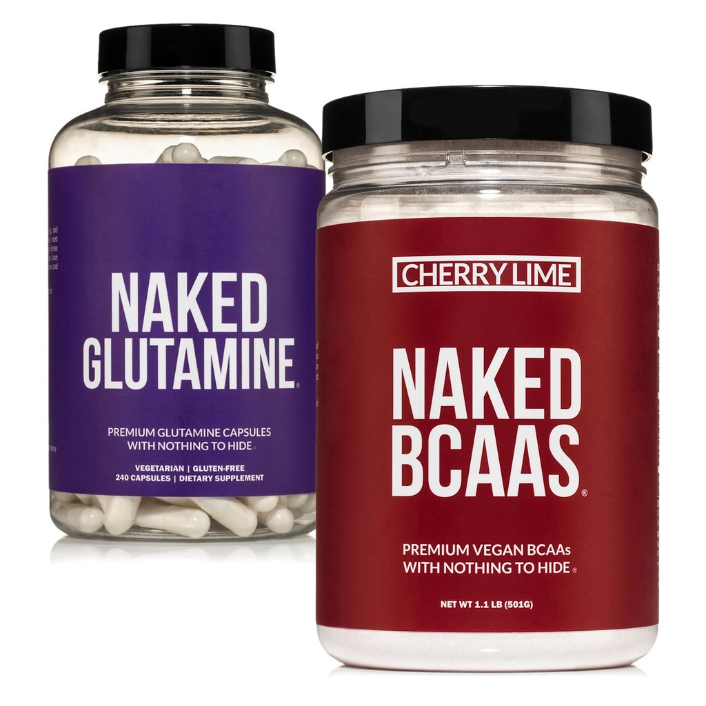 NAKED Cherry Lime BCAAs 34 Sevings + Pure L-Glutamine 240 Capsules bundel: Non-GMO, Glutenvrij, Spierherstel, Niets Kunstmatig