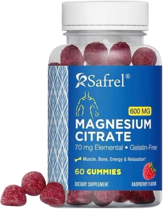 Safrel Magnesium Citrate Gummies - 60 Vegan Gummies, 600mg per portie - bevordert ontspanning, spier, bot, & energie ondersteuning - Volwassenen & Senioren- Raspberry Flavor (Pack of 1)