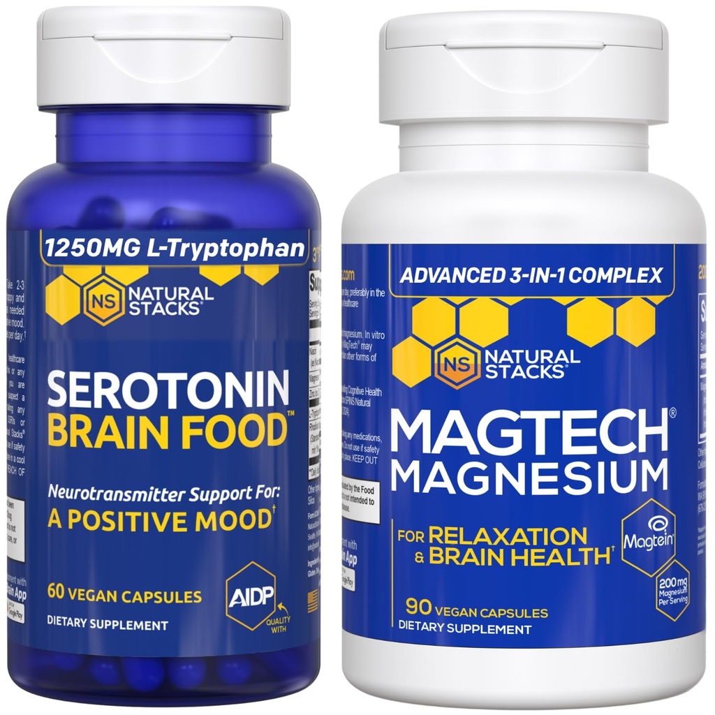 NATUURLIJKE STAKKEN MagTech Magnesium + Serotonine Hersenen Voedselbundel - Ondersteunt Ontspanning, Hersengezondheid & a Positive Mood* - 150 Totaal Capsules