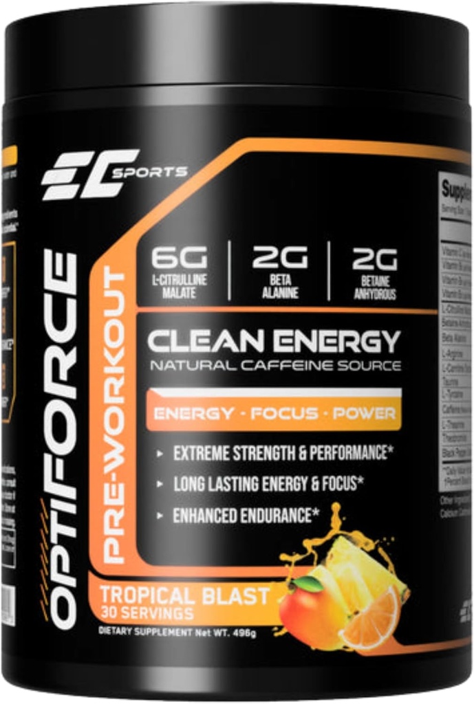 EC Sport OptiForce Pre-Workout Tropical Blast Supplement Powder - Clean Energy & Natural Cafeine w/Long-Lasting Endurance and Focus - 30 Servings