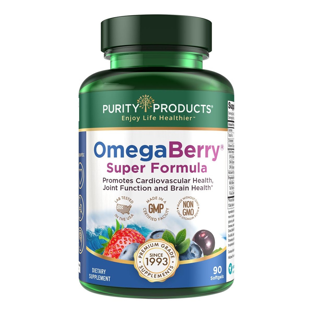Zuiverheid Producten OmegaBerry Visolie w/Vitamine D3 + Biologische Acai Super Formule - 1875 mg Geconcentreerde, Moleculaire Gedistilleerde, Ultra Pure Omega-3s 1080 mg EPA + 720mg DHA + 120 mg DPA - 90 Tel.