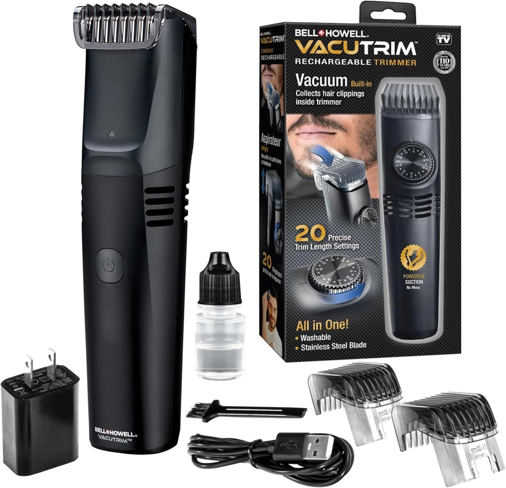 Vacutrim Cordless Heren baard trimmen, oplaadbare elektrische scheerapparaat met 20 trim instelling Kalibratie wijzerplaat en ingebouwde vacuüm voor snor, Sideburns. Gezichtshaar, zwart, 7,5," zoals gezien op TV