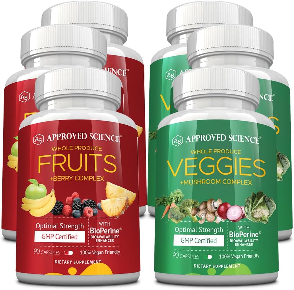 Fruits et légumes scientifiques approuvés - Supplément de 42 fruits et légumes entiers - Santé et vitalité accrues - Vitamines naturelles quotidiennes, minéraux, antioxydants - 270 capsules chacune - 3 mois