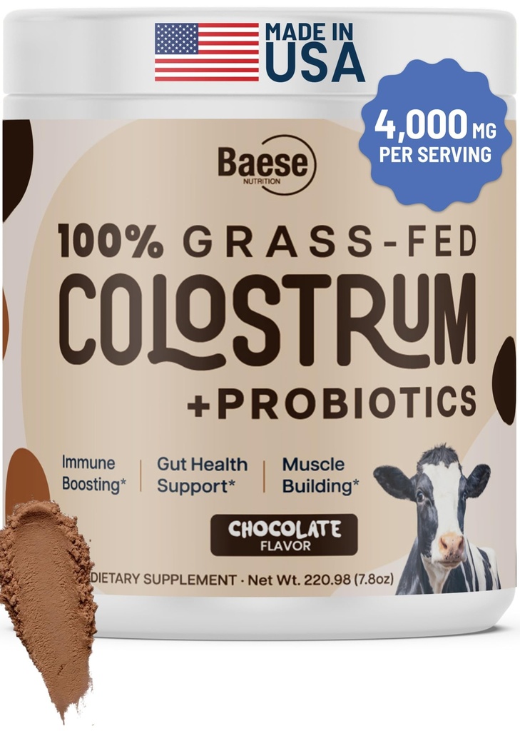 Chocolat biologique 4000mg Poudre de colostrum à l'herbe de foie + Probiotiques Supplément de colostrum pour les enfants et les adultes avec immunoglobulines (220,98 Grams)