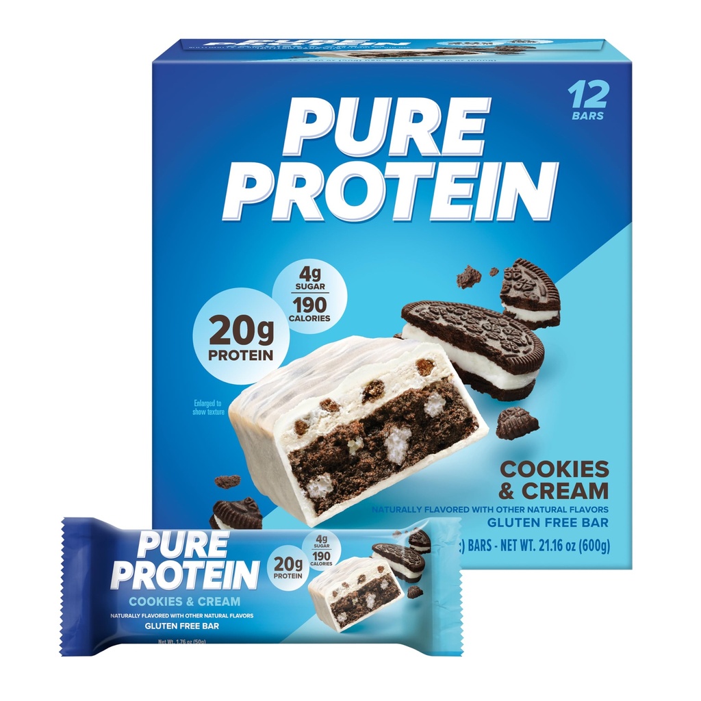 Pure proteïnerepen, hoog eiwit, voedzame snacks ter ondersteuning van energie, lage suiker, glutenvrij, koekjes en room, 1.76oz, 12 Pack