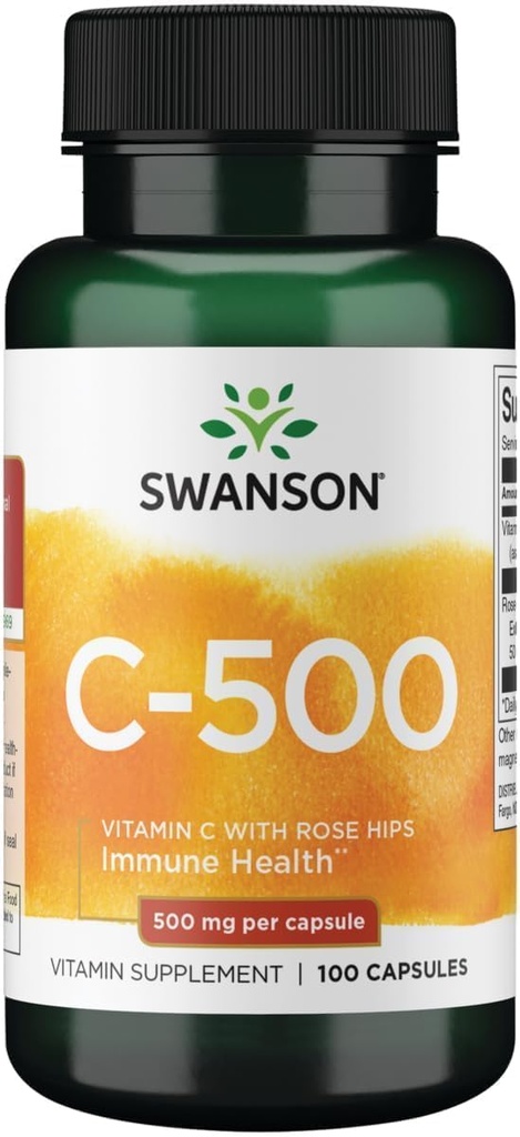 Swanson Vitamine C met Rose HIPS Immuun Systeem Ondersteuning Huid Cardiovasculaire Gezondheid Antioxidant Supplement 500 mg 100 Capsules