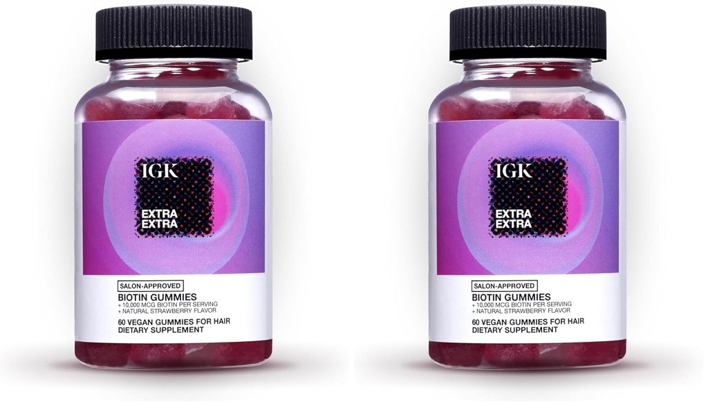 IGK Biotin Hair Gummies 10.000mcg Biotin (60 Count), Aardbei Flavored, Hair Growth Supplement Gummies voor gezond haar, huid & Nails, Veganist, helpen bestrijden Haarverlies & Thinning (pakket van 2)