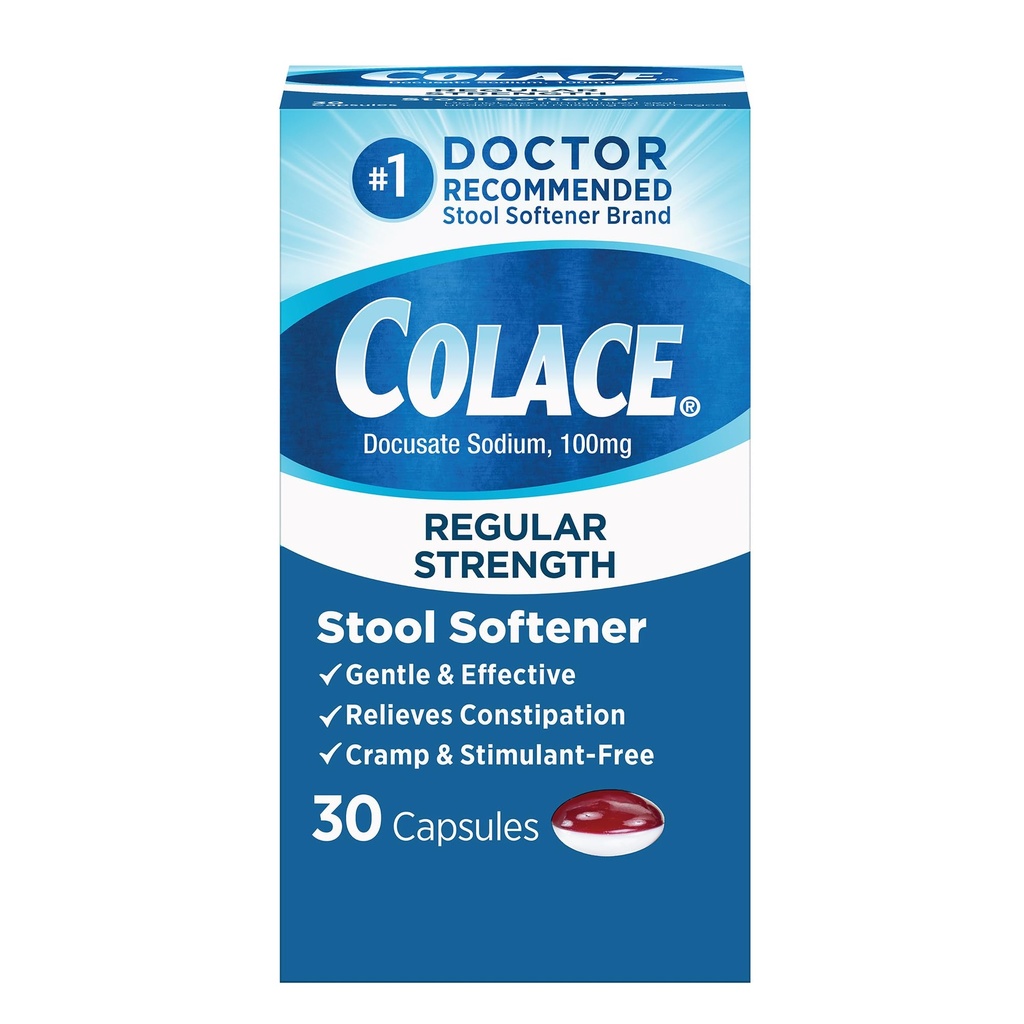 Colace Regular Strength Stool Softener for Gentle Effective Constipatie Relief, No. 1 Doctor Aanbevolen Stool Softener Merk, 100 mg Docusate Capsules, 30 Tel.