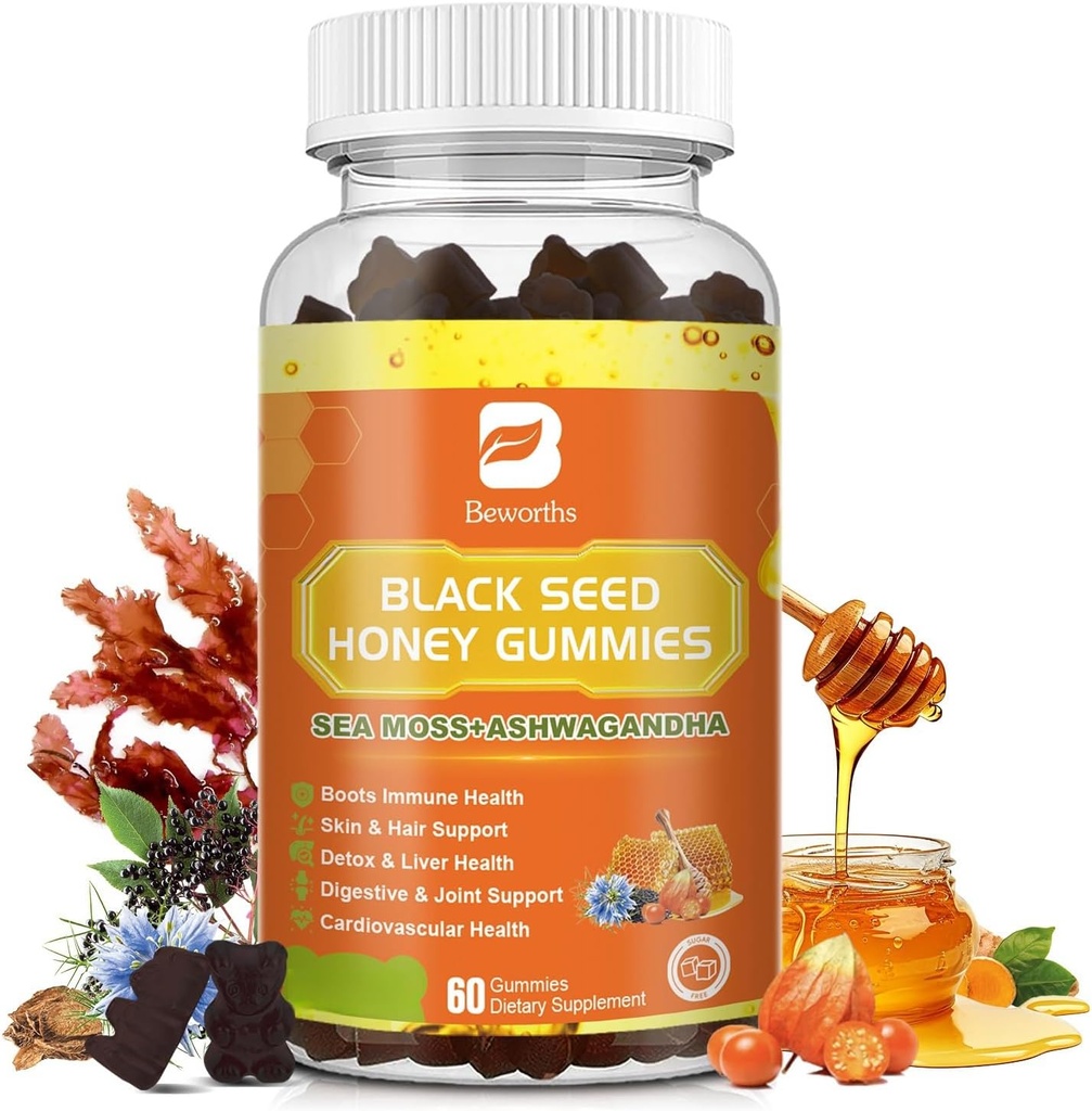 Black Seed Oil Sea Moss Gummies met Ashwagandha, Burdock Root, Linden Honing, Vlierbessen, Kurkuma, Vitamine C, D3 & Zink - Ondersteunt Immuniteit, Gewricht, Vertering, Haar & Huid, Veganistische Gummies 60 Tellingen