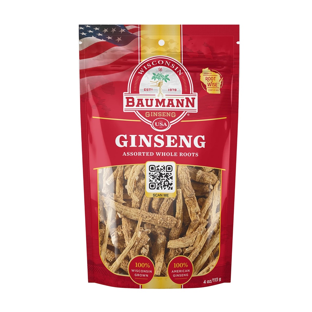 Baumann Wisconsin Ginseng Graines entières assorties 4 oz - 100% naturel Panax Ginseng Herbe, Ginseng américain séché pur pour l'énergie améliorée