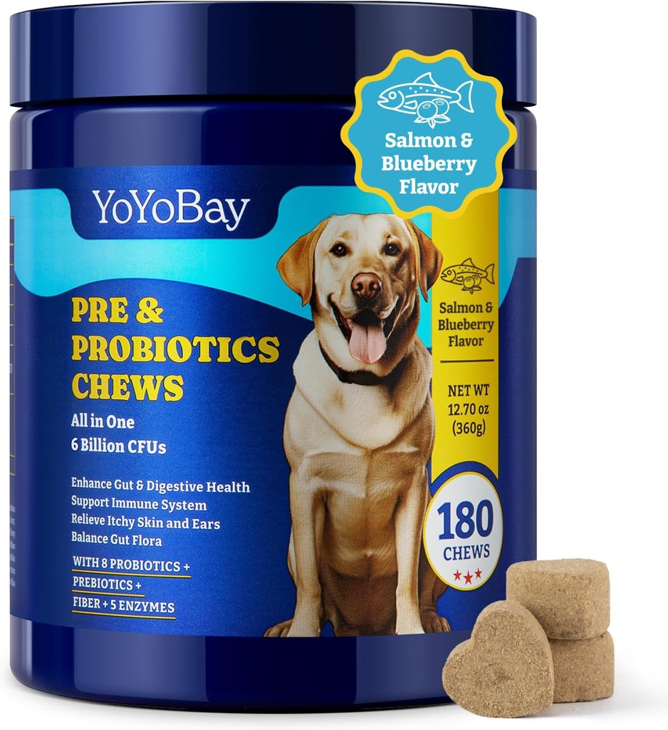 Probiotiques pour chiens - Probiotiques pour chiens pour la santé de la peau, de l'Immune et de l'intestin - 6 milliards d'UFC, 180 Mâches molles, saumon et saveur de bleuets - avec prébiotiques et enzymes digestives