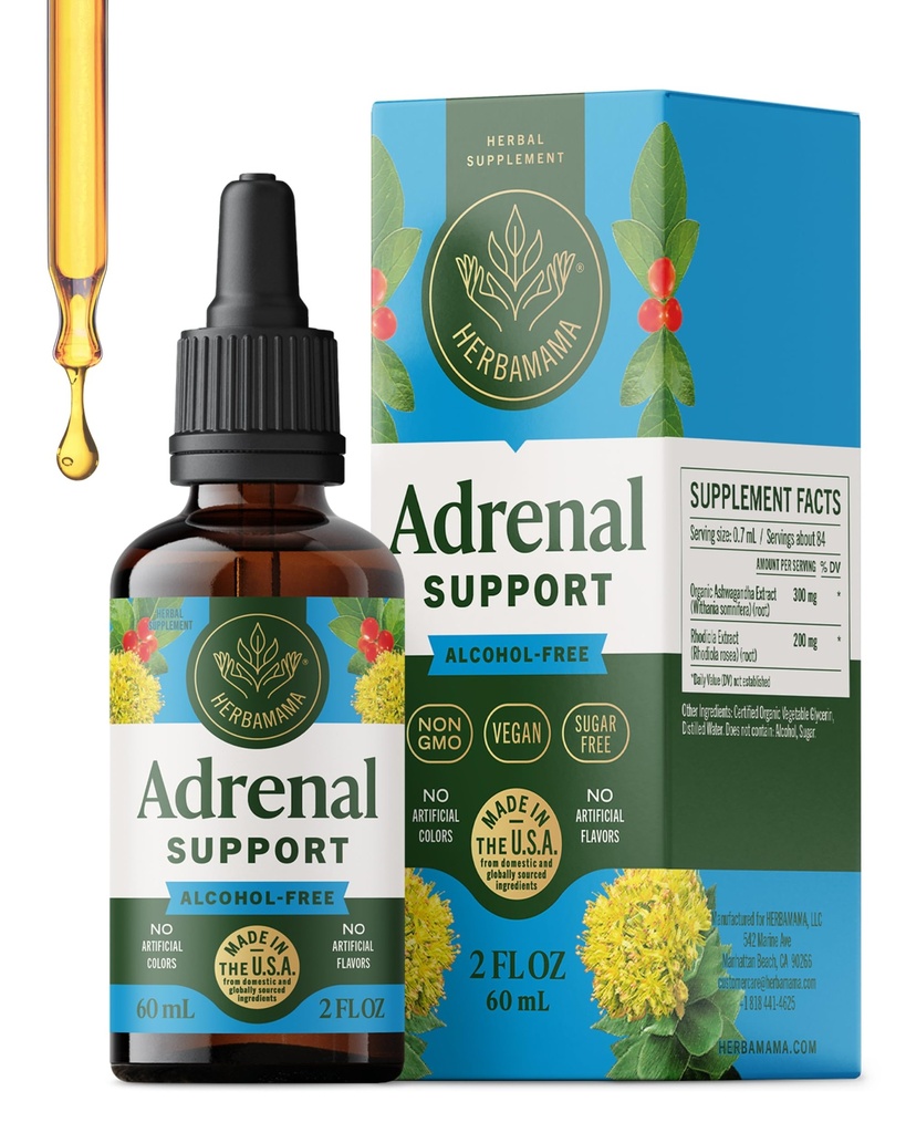 HERBAMAMA Adrenal Support Liquid Drops - Vegan Adrenal Tinctuur met Ashwagandha Root & Rhodiola Rosea Extract - Non-GMO, Alcohol & Sugar-Free Supplement - 28-Day Supply