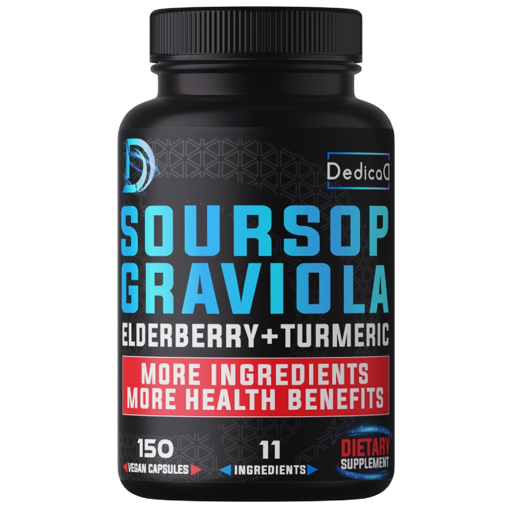 11en1 Graviola Sourop Capsules pendant 5 mois Approvisionnement avec des fruits, des baies de sureau, des curcuma, des gingembres, du chardon, des canneberges et plus - Mood, Immune et santé du corps - 150 Capsules Vegan