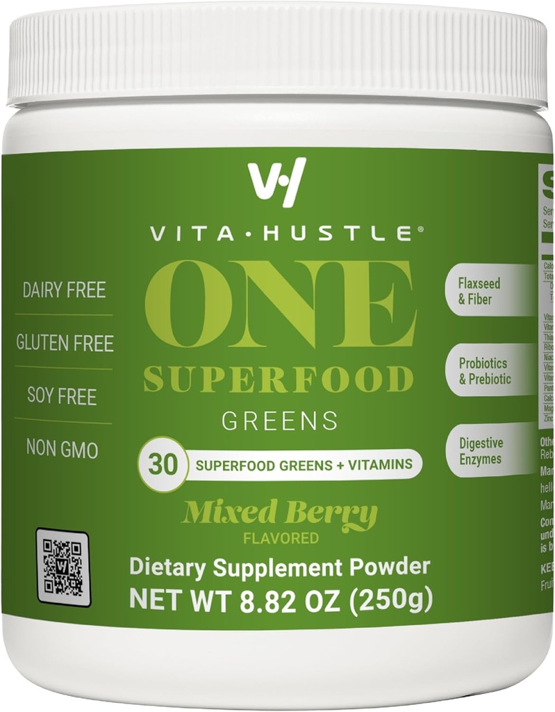 VitaHustle ONE Superfood Super Greens Powder with Prebiotics + Probiotics, Reduce Bloating, Detox, Gut Health, Spirulina, Chlorella, Digestieve Enzymes (Berry Flavor, 25 Servers)